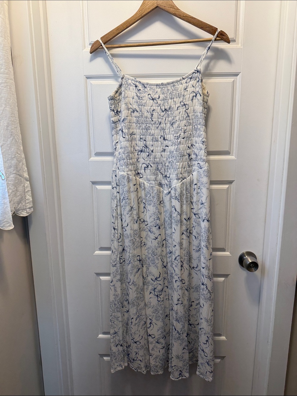White and Blue Floral Smocked Maxi Dress with Spaghetti Straps